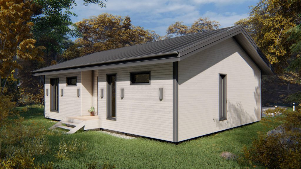 Пример большого каркасного дома на винтовых сваях с террасой и двухскатной крышей от СК "Загородом"